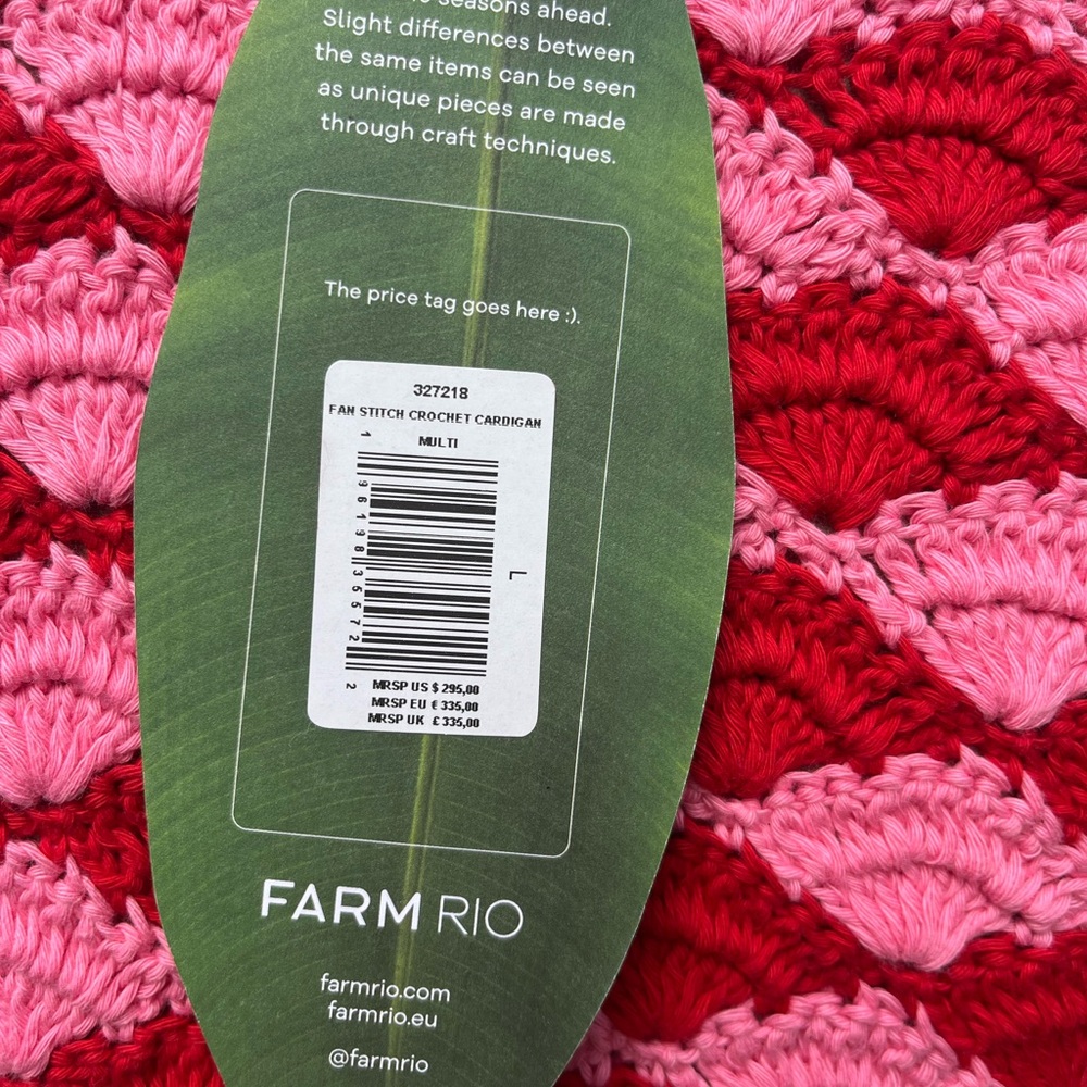 FARM Rio 🍃 HTF ✨ Fan Stitch Belted Crochet Cardigan, Red + Pink, Size Large, NEW - Picture 9 of 14